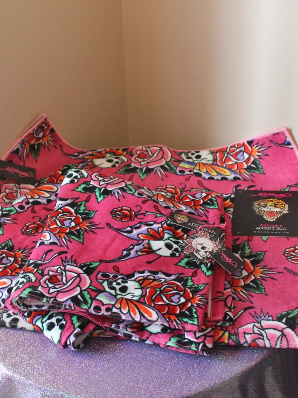 Ed Hardy Pink Tattoo Print Large Rug and Bath Towels NWT